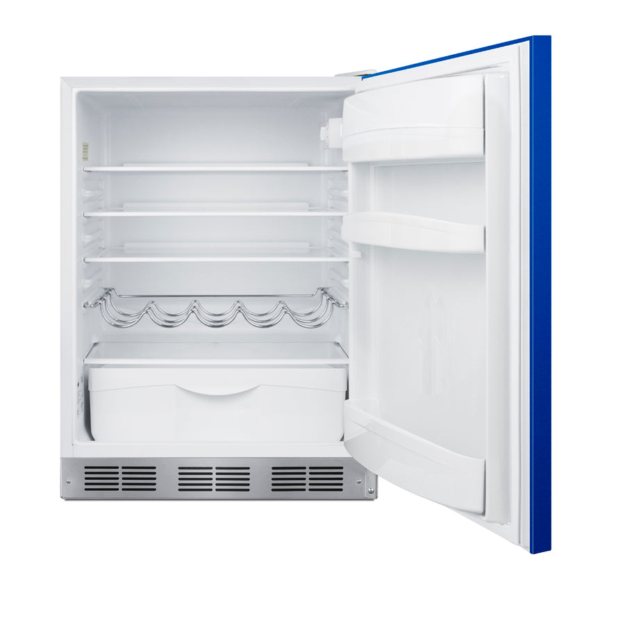 Accucold Undercounter 24" all-refrigerator for residential use with cobalt blue door, stainless steel handle, and white cabinet (Model BAR611WHB)