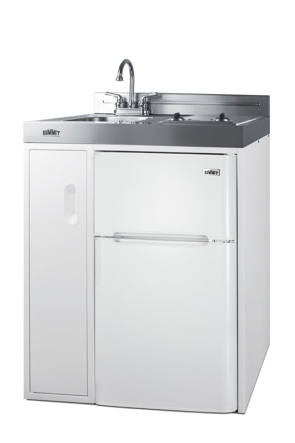 30" wide all-in-one kitchenette with 2-burner 115V smooth-top cooktop, refrigerator-freezer, sink, and storage cabinet - Angle