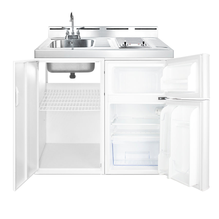 39" wide all-in-one kitchenette with 2-burner 115V smooth-top cooktop, refrigerator-freezer, sink, and storage cabinet (Model C39ELGLASS) - Open