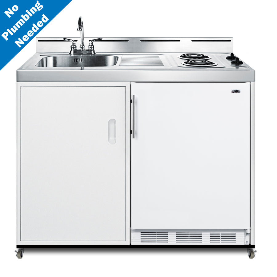 48" wide mobile all-in-one kitchenette with 2-burner 115V coil cooktop, refrigerator-freezer, and no-plumbing sink with