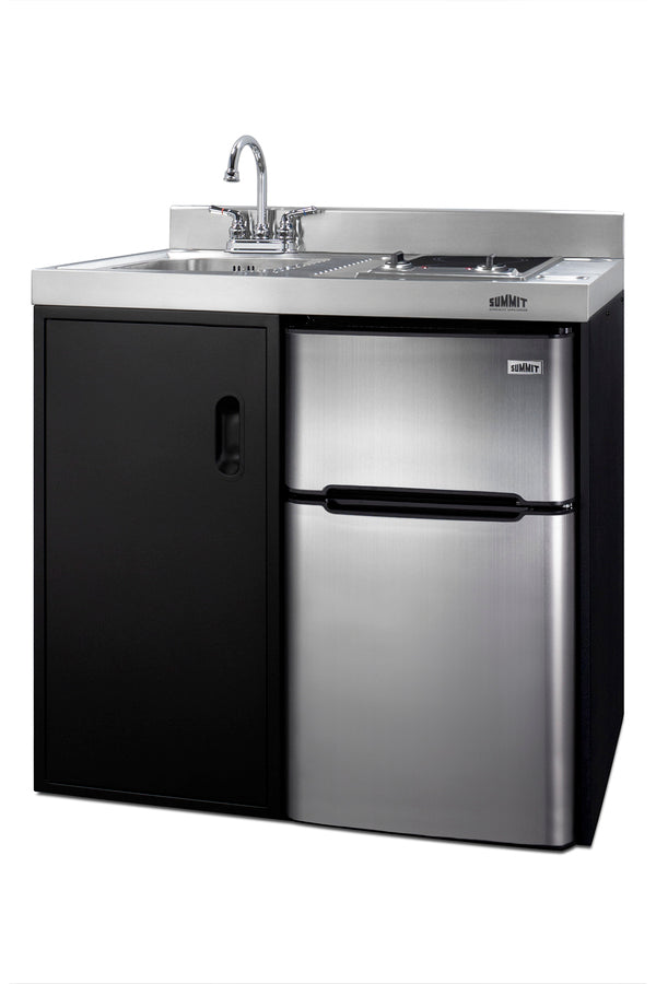 36" wide all-in-one kitchenette with 2-burner 115V smooth-top cooktop, refrigerator-freezer, sink, and storage cabinet - Angle