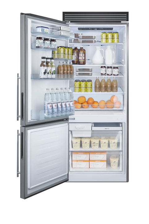 Accucold ENERGY STAR certified frost-free bottom freezer refrigerator with front handles and grill to raise height to 72" (Model FFBF279SSXH72LHD)