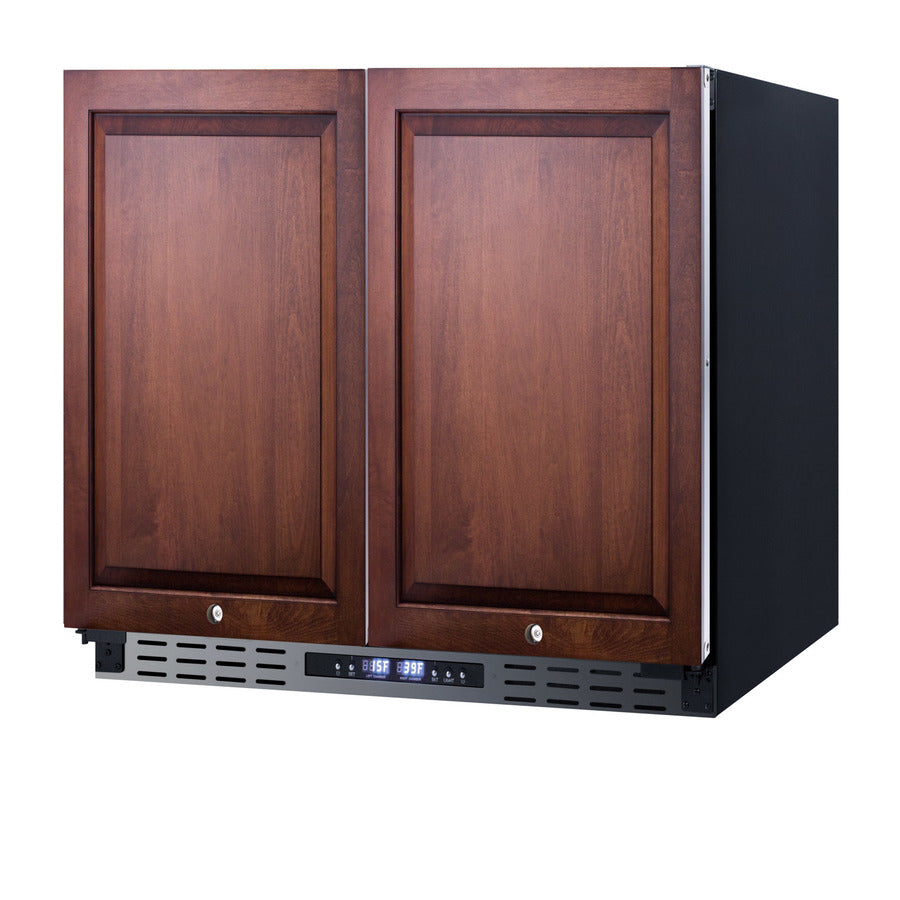 Accucold 36" wide ADA height frost-free side-by-side undercounter refrigerator-freezer black cabinet, panel-ready doors, and digi