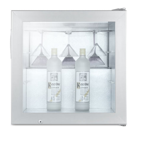 Accucold Compact commercial vodka chiller with self-closing glass door and stainless steel wrapped cabinet