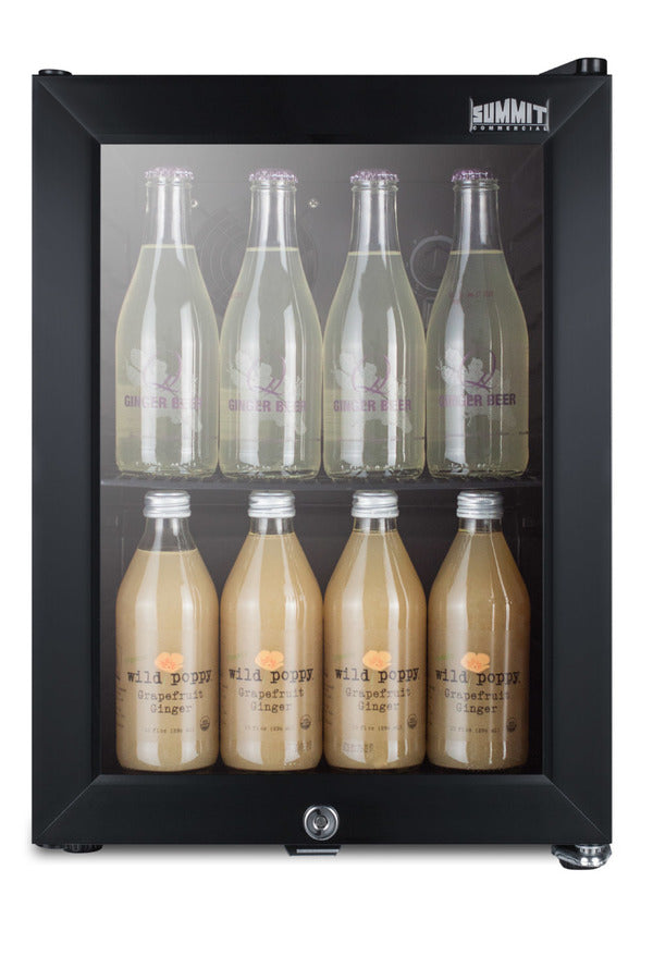Compact commercial beverage center with glass door, lock, and black cabinet (Model SCR114L)