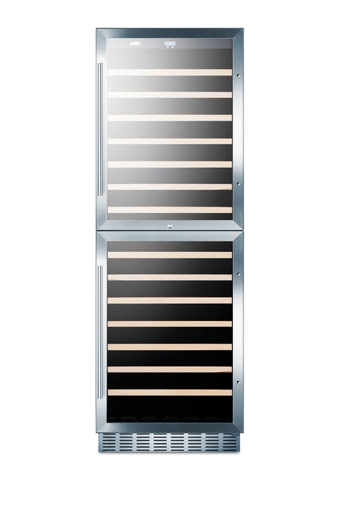 Dual zone 118 bottle wine cellar with two glass doors and stainless steel wrapped cabinet; for built-in or freestanding
