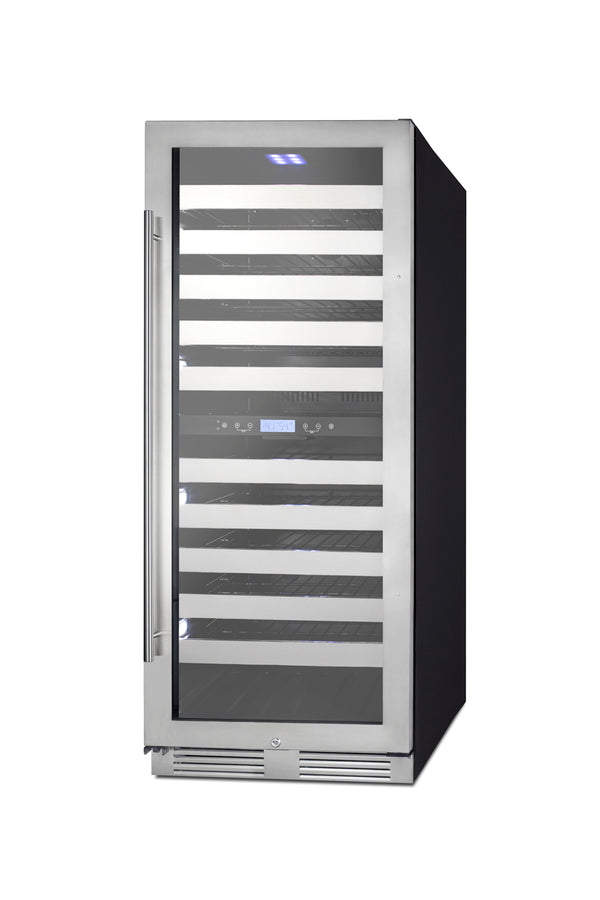 Commercially approved dual zone wine cellar for built-in or freestanding use with seamless stainless steel door and full
