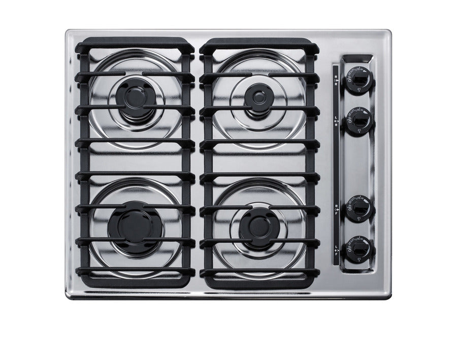 Accucold 24" wide gas cooktop with four sealed burners, chrome surface, and cast iron grates; made in the USA