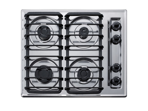 Accucold 24" wide gas cooktop with four sealed burners, chrome surface, and cast iron grates; made in the USA
