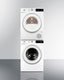 Laundry station with stackable or side-by-side front-opening 220V washer and heat pump dryer with single 4-pronged cord