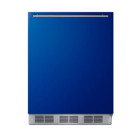 Accucold ADA height 24" all-refrigerator for residential use with cobalt blue door, stainless steel handle, and black