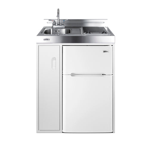 Accucold 30" wide all-in-one kitchenette with 2-burner 115V smooth-top cooktop, refrigerator-freezer, sink, and storage