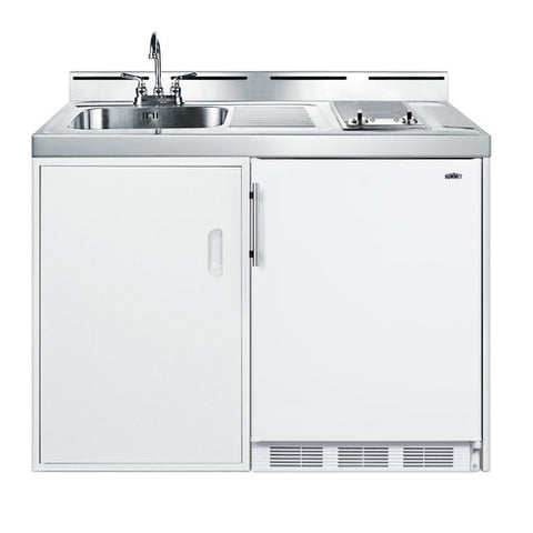 Accucold 48" wide all-in-one kitchenette with 2-burner 115V smooth-top cooktop, refrigerator-freezer, sink, and storage