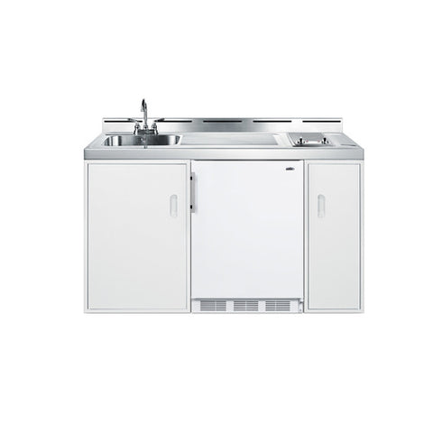 Accucold 60" wide all-in-one kitchenette with 2-burner 115V smooth top cooktop, refrigerator-freezer, sink, and storage
