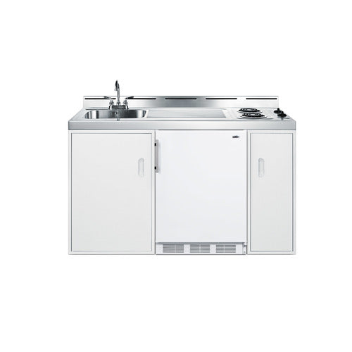 Accucold 60" wide all-in-one kitchenette with 2-burner 115V coil cooktop, refrigerator-freezer, sink, and storage