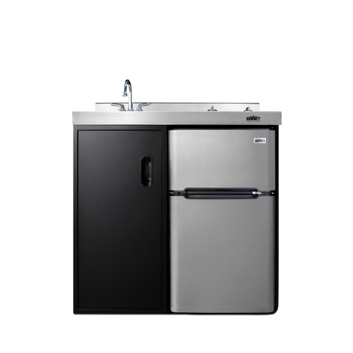 Accucold 36" wide all-in-one kitchenette with 2-burner 115V smooth-top cooktop, refrigerator-freezer, sink, and storage