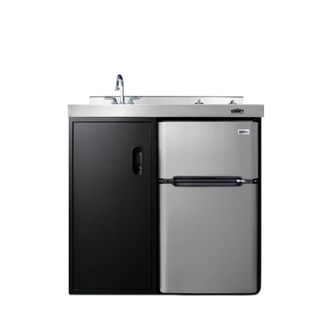 Accucold 36" wide all-in-one kitchenette with 2-burner 115V smooth-top cooktop, refrigerator-freezer, sink, and storage