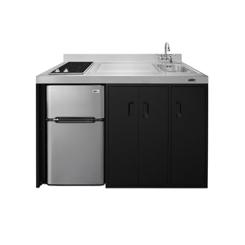 Accucold 54" wide all-in-one kitchenette with 2-burner 115V smooth-top cooktop, refrigerator-freezer, sink on right