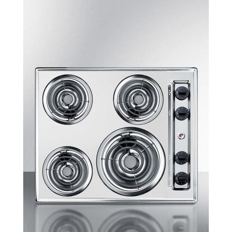 24" wide 4-burner cooktop with coil elements in chrome finish; made in the USA