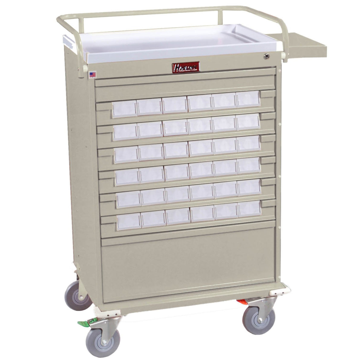 Harloff Value Med-Bin Cart with Key Lock, includes 36-each 3.5-inch Bins. Includes Top rail/Push Handle, Pull-out Side