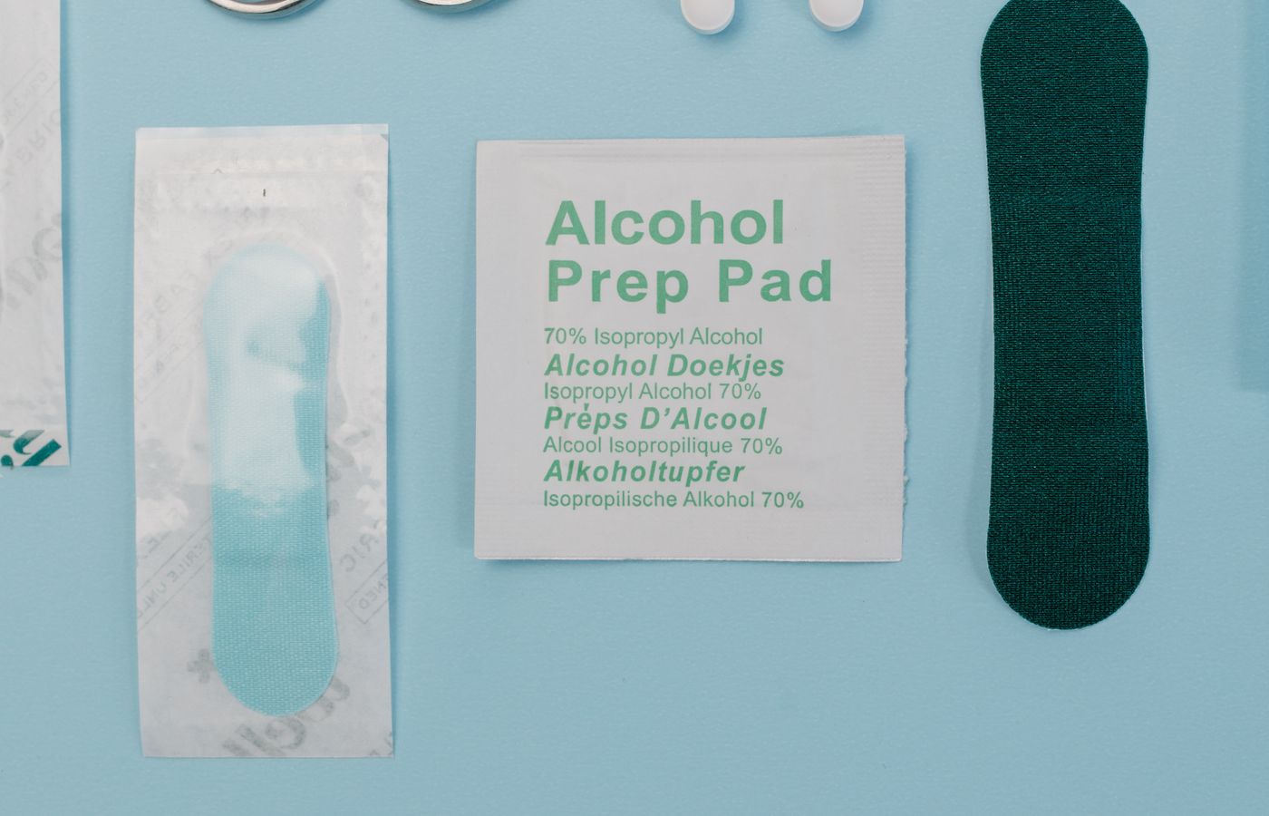 Wound care supplies: gauze, scissors and alcohol prep pads