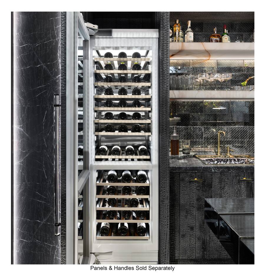 Dual zone built-in wine cellar with panel-ready glass door, full extension shelves, digital thermostat, and black cabine