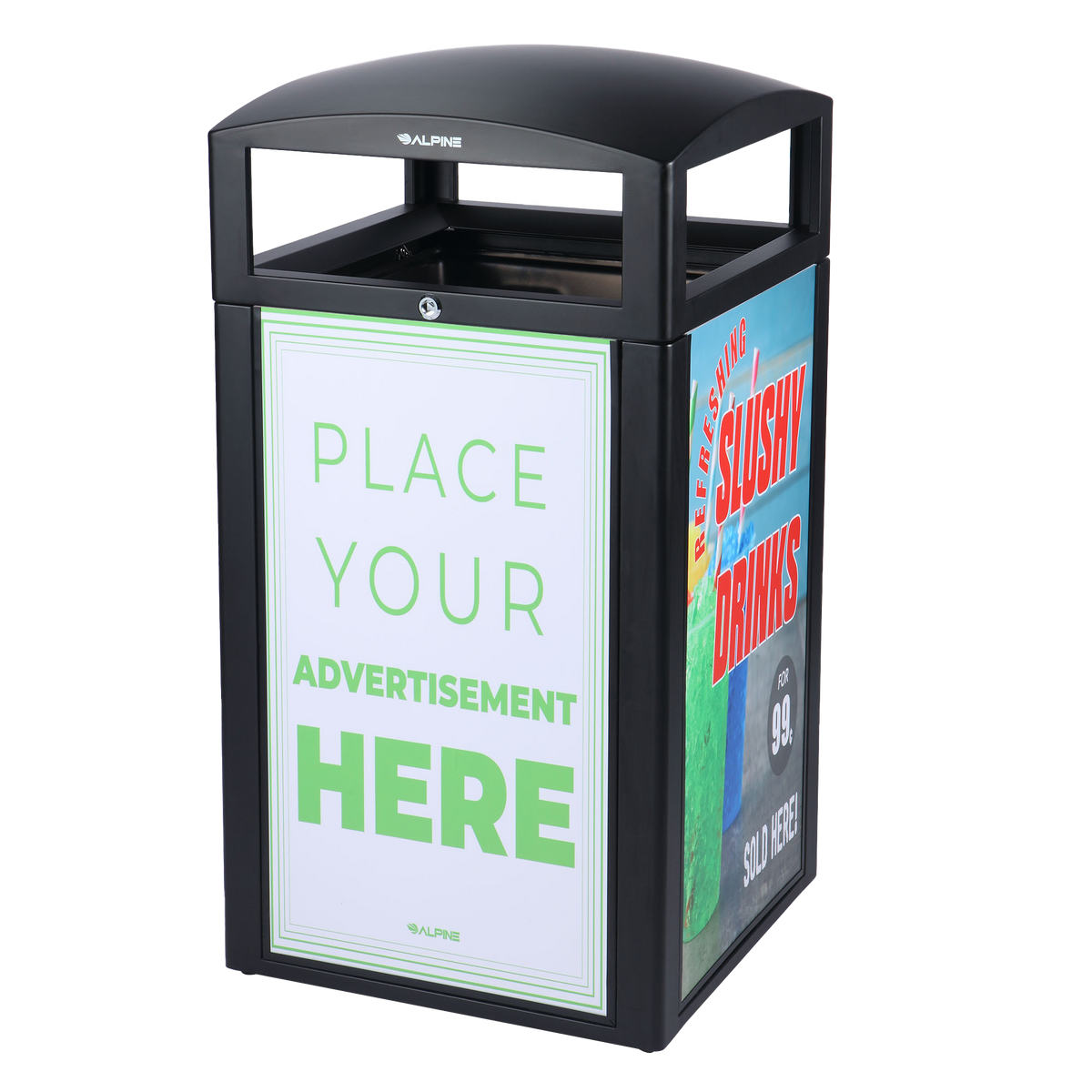 Alpine Rugged 40 Gallon All Weather Trash Container, With Advertisement Panels, Grey Stone