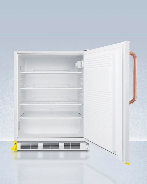 Accucold ADA height 24" all-refrigerator for residential use with saffron gold door, stainless steel handle, and white