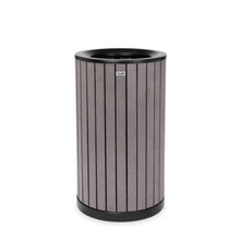 Round, 32-Gallon Outdoor Trash Container with Slatted Recycled Plastic Panels