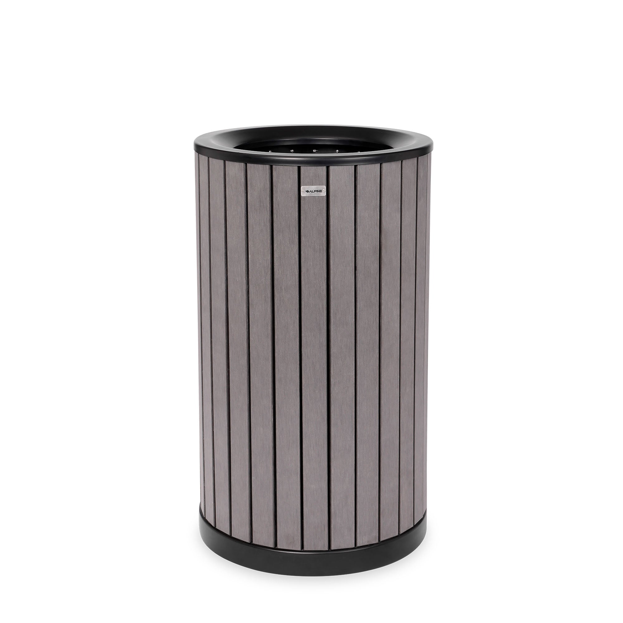 Round, 32-Gallon Outdoor Trash Container with Slatted Recycled Plastic Panels