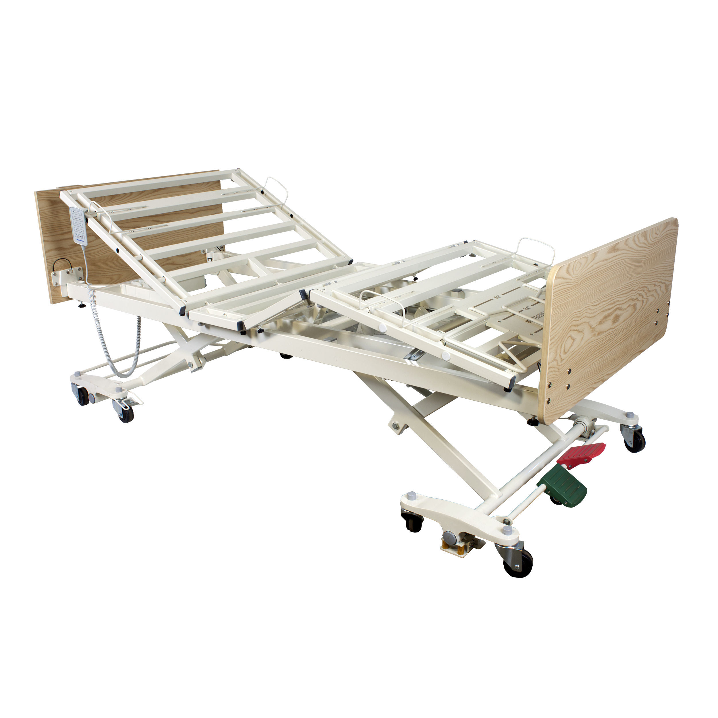 DB300 Bariatric LTC 5 Function Low Bed - Wood Boards - Lt. O, w/ Metal Rail, SC