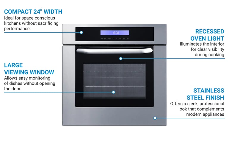 Stainless steel 220V electric wall oven with digital clock/timer and oven window; for cutouts 22 3/8" wide by 34 1/8" hi