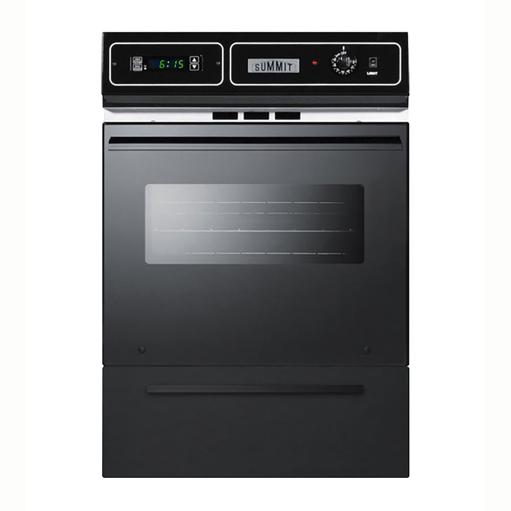 Accucold Black glass gas wall oven with electronic ignition, digital clock/timer, and oven window for cutouts 22 3/8"