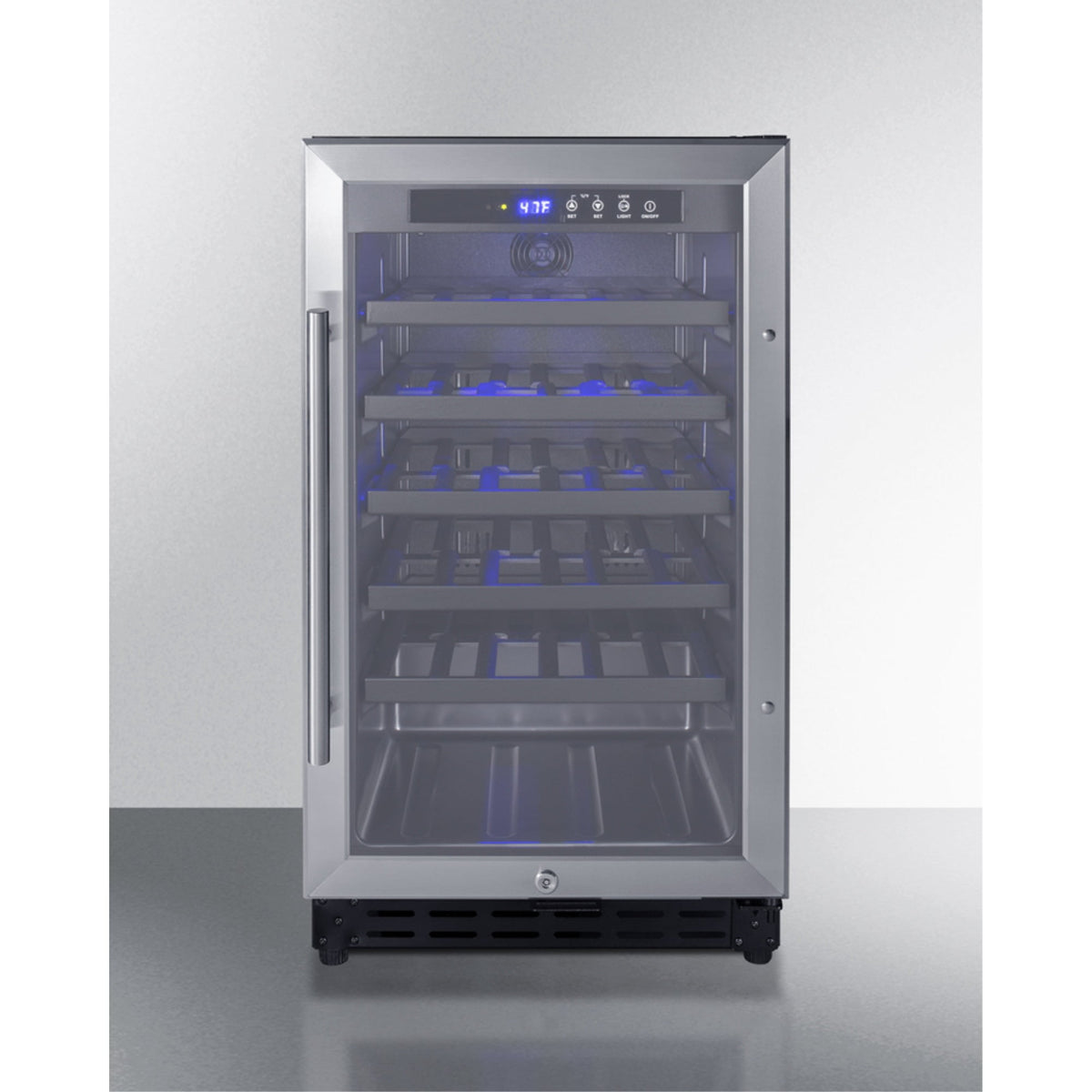 Accucold 18" wide ADA compliant wine cellar for built-in or freestanding use, with digital controls, lock, and LED