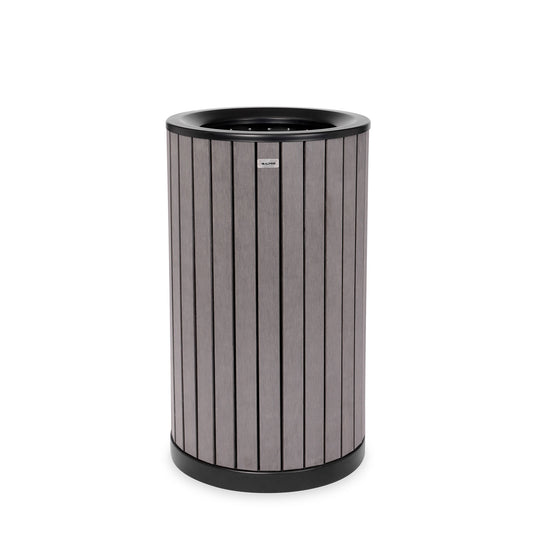 Round, 32-Gallon Outdoor Trash Container with Slatted Recycled Plastic Panels