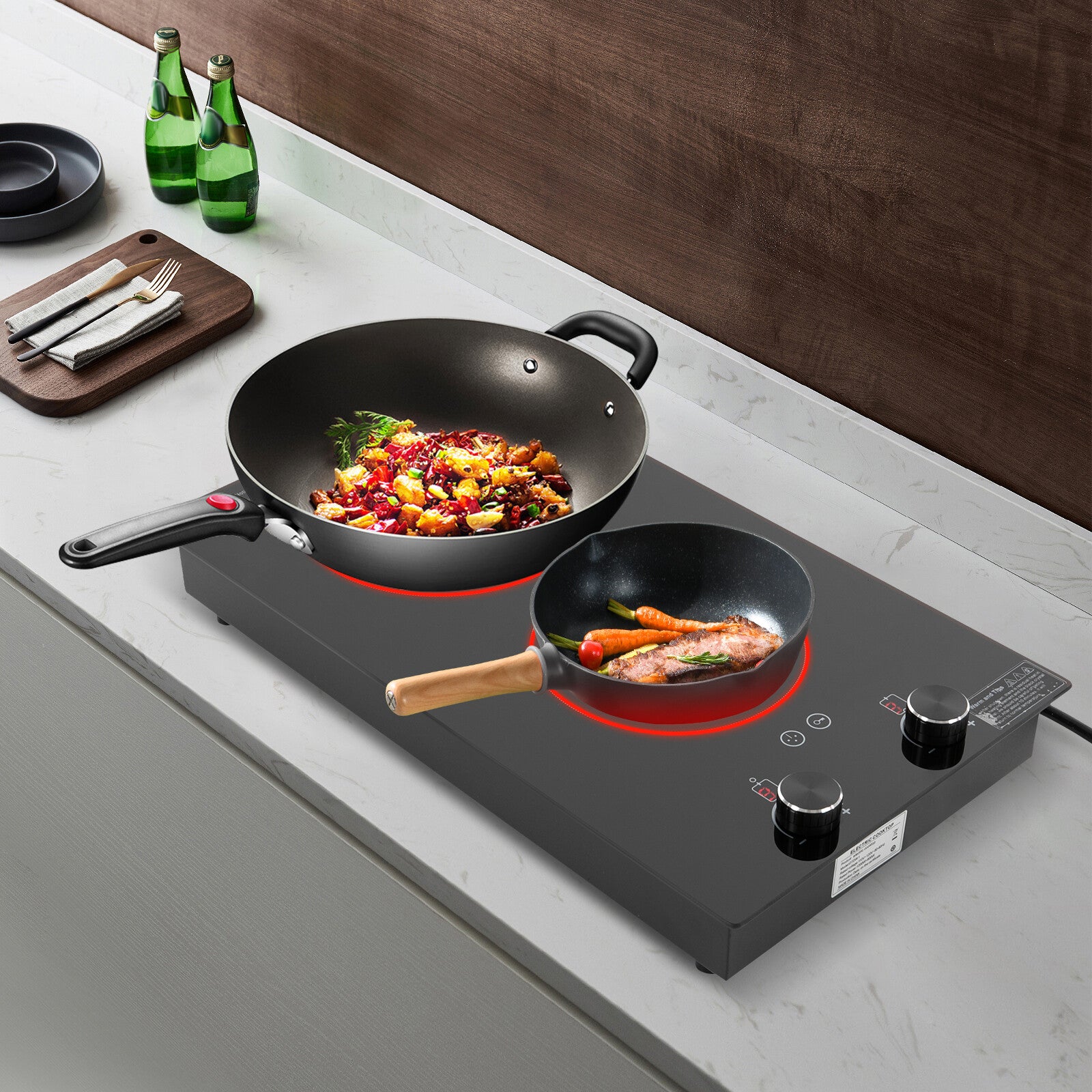 115V 2-burner radiant black cooktop with digital touch controls and safety 30 minute auto shutoff for hotel use
