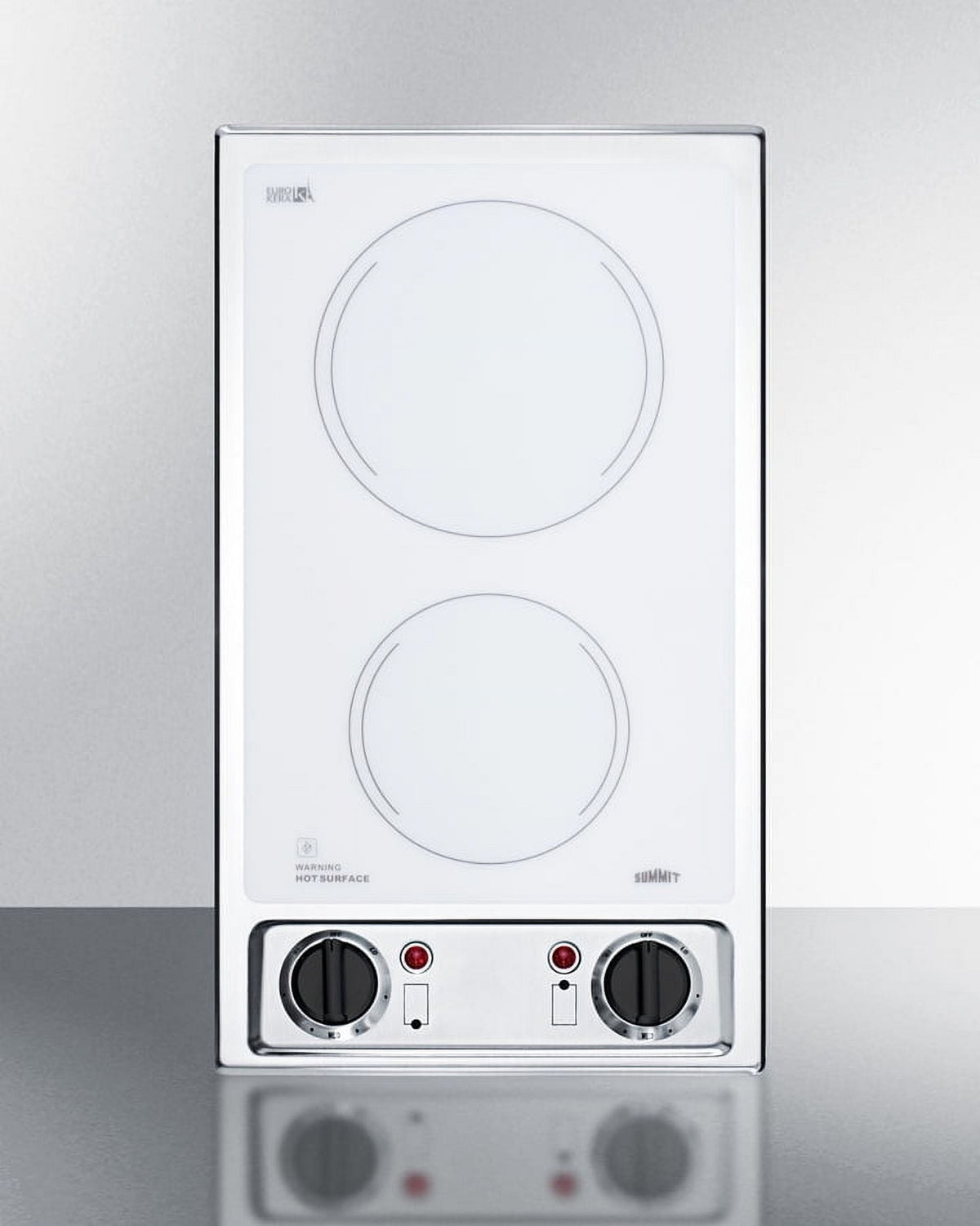 Accucold 115V 2-burner radiant cooktop with smooth white ceramic glass surface and preinstalled cord