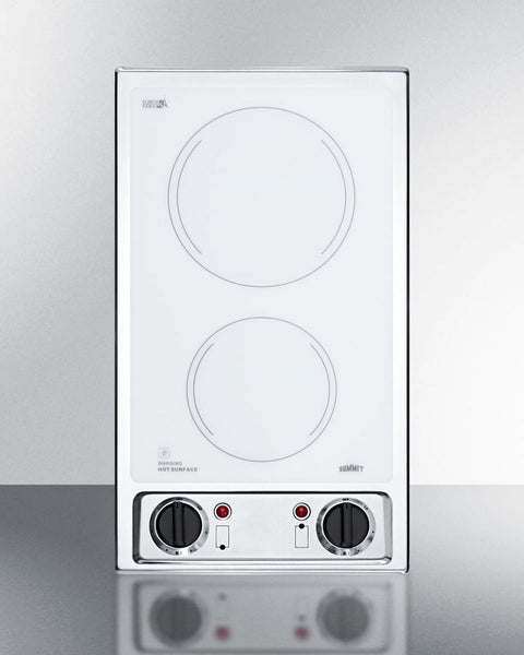 Accucold 115V 2-burner radiant cooktop with smooth white ceramic glass surface and preinstalled cord