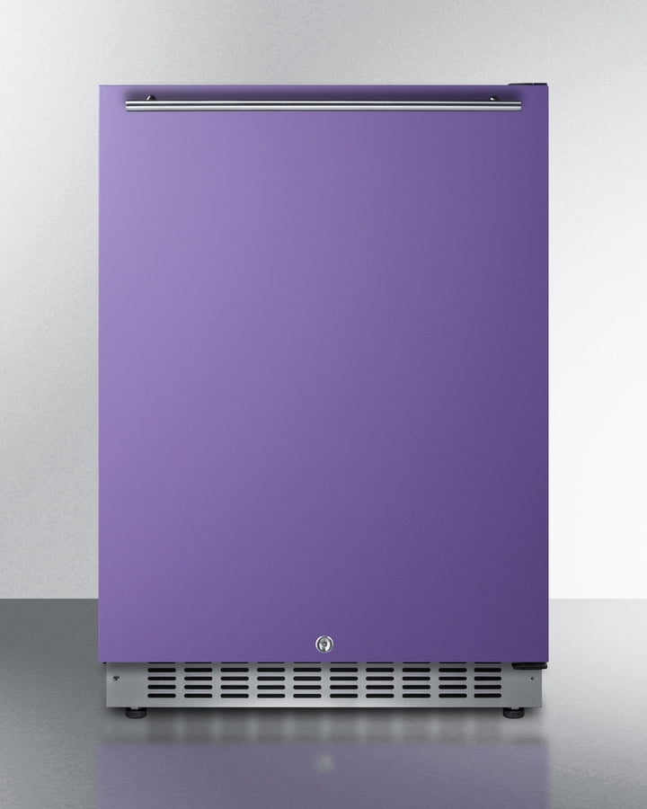 Built-in undercounter ADA compliant all-refrigerator with lavender purple door, stainless steel handle, black cabinet, d