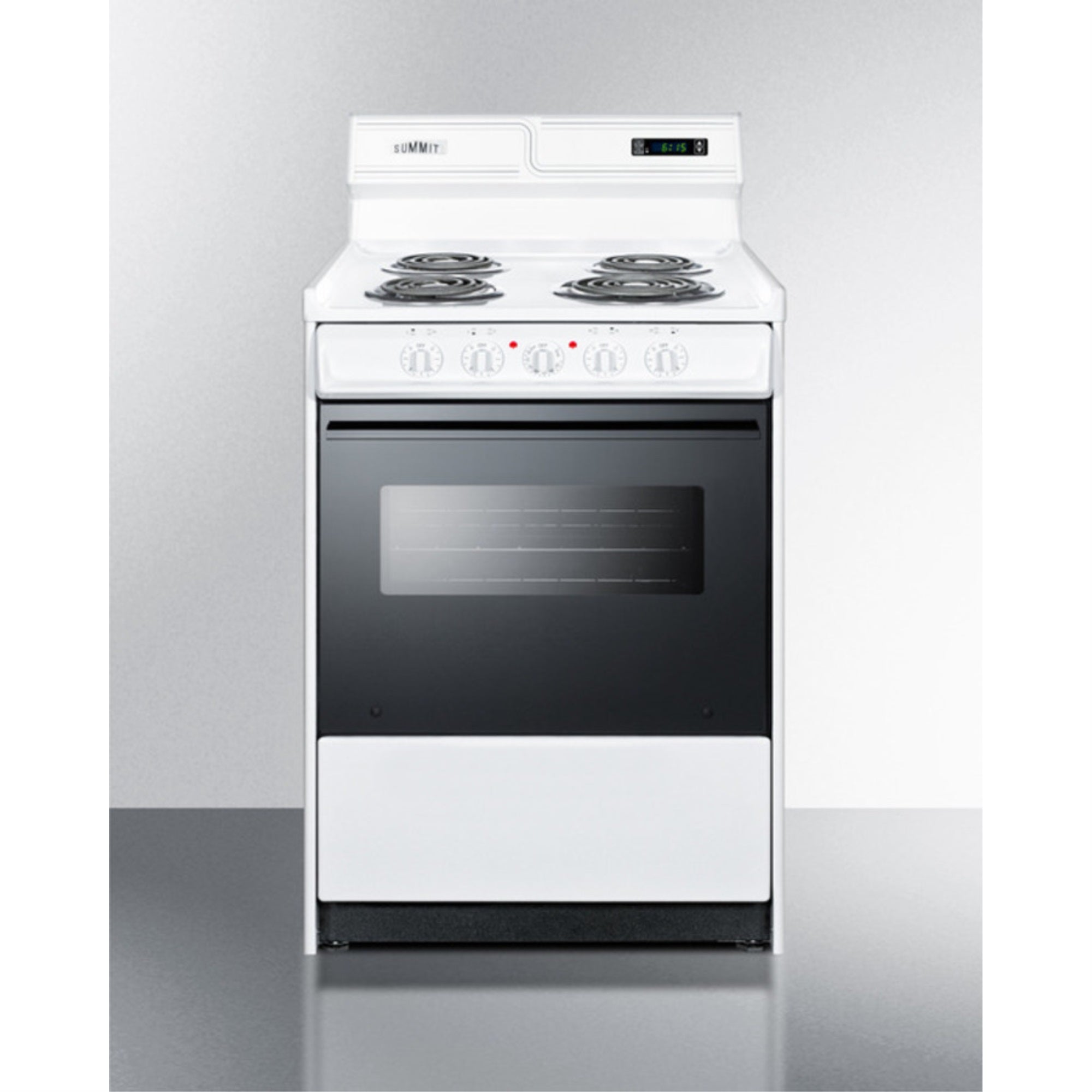 20" wide electric coil top range in white with black door, oven window, and high backguard