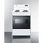 20" wide electric coil top range in white with black door, oven window, and high backguard