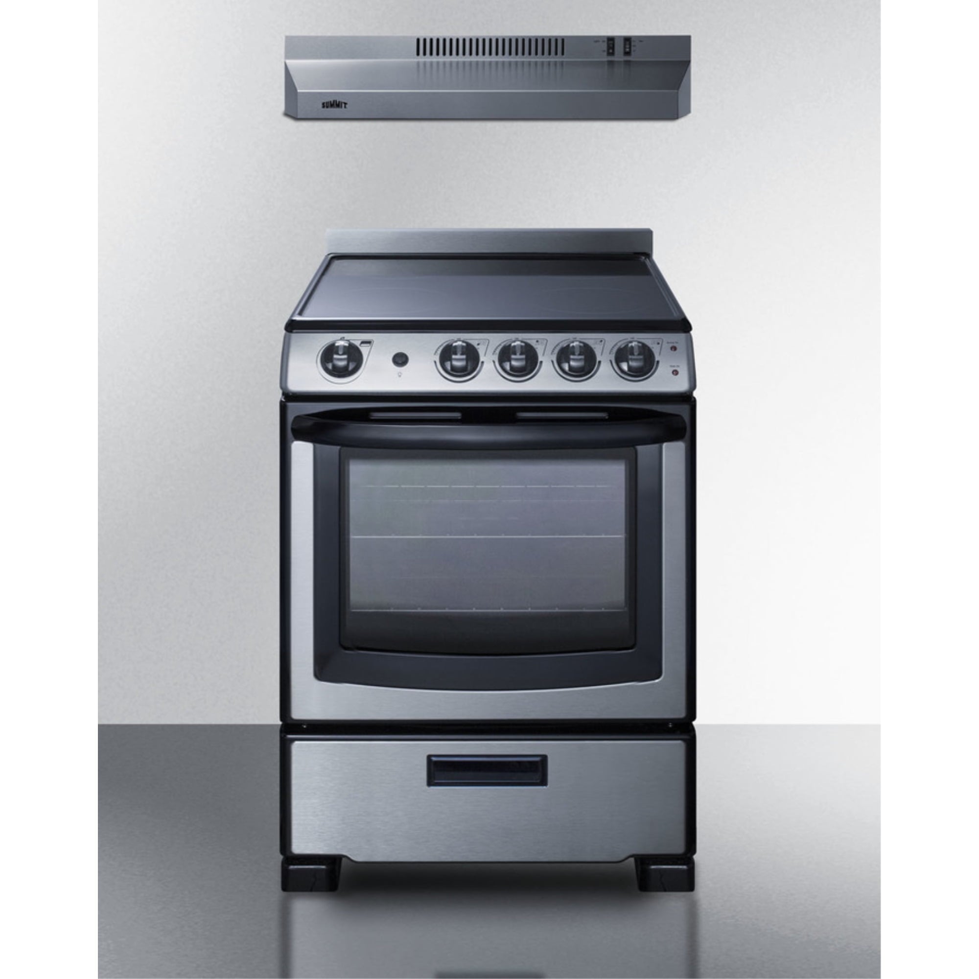 24" wide electric range (REX2451SSRT) and 24" wide convertible range hood (HR24RSS) shipped together