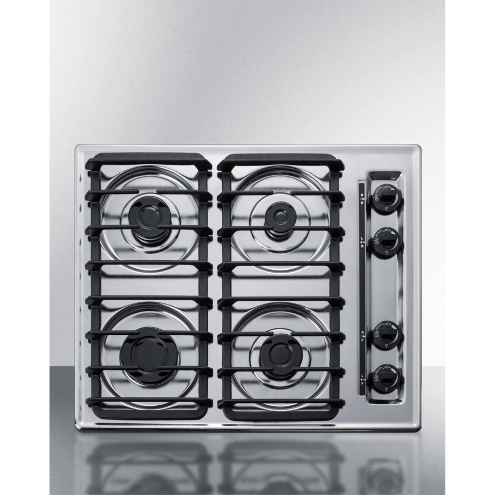 24" wide gas cooktop with four sealed burners, chrome surface, and cast iron grates; made in the USA