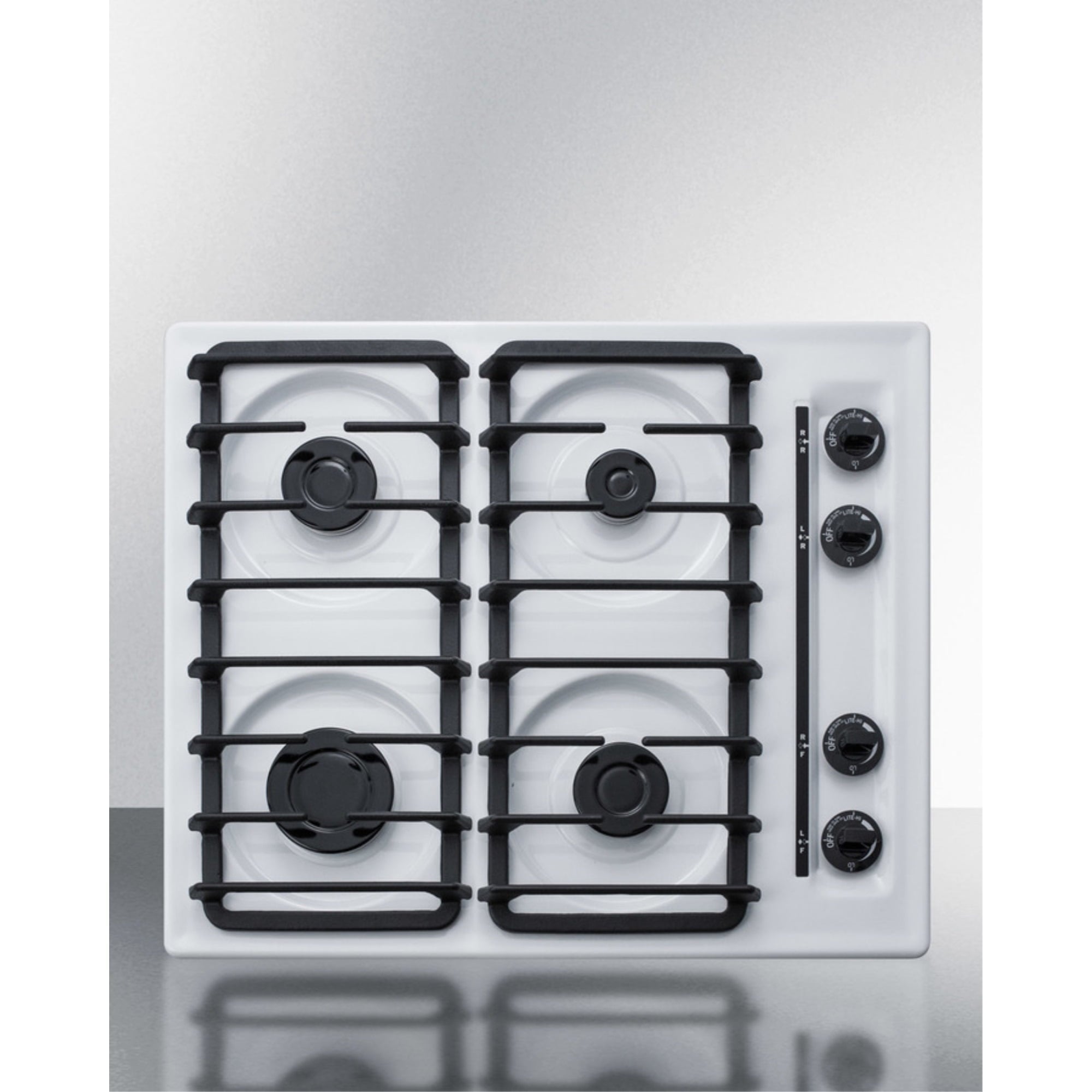 24" wide gas cooktop with four sealed burners, white porcelain surface, and cast iron grates; made in the USA Main image