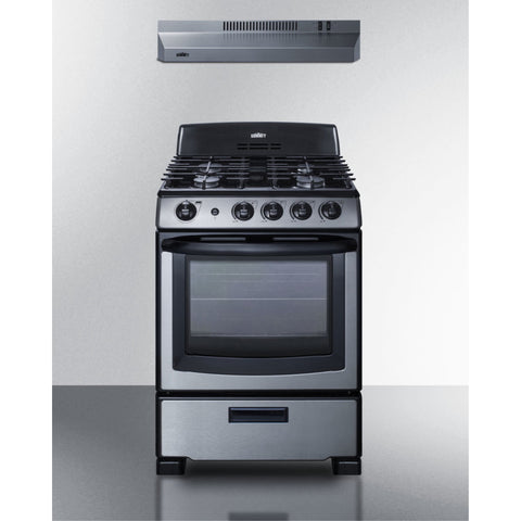 Accucold 24" wide gas range (PRO247SS) and 24" wide convertible range hood (HR24RSS) shipped together