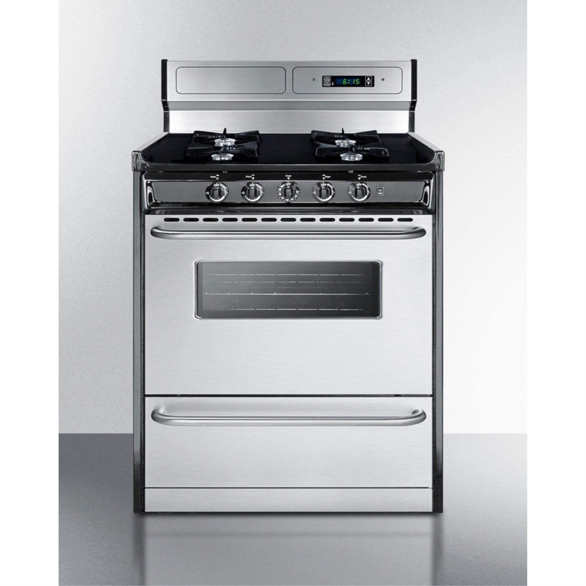 30" wide gas range in stainless steel, open burners and clock/timer on high backguard