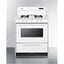20" wide gas range in white with open burners, oven window, high backguard, and spark ignition