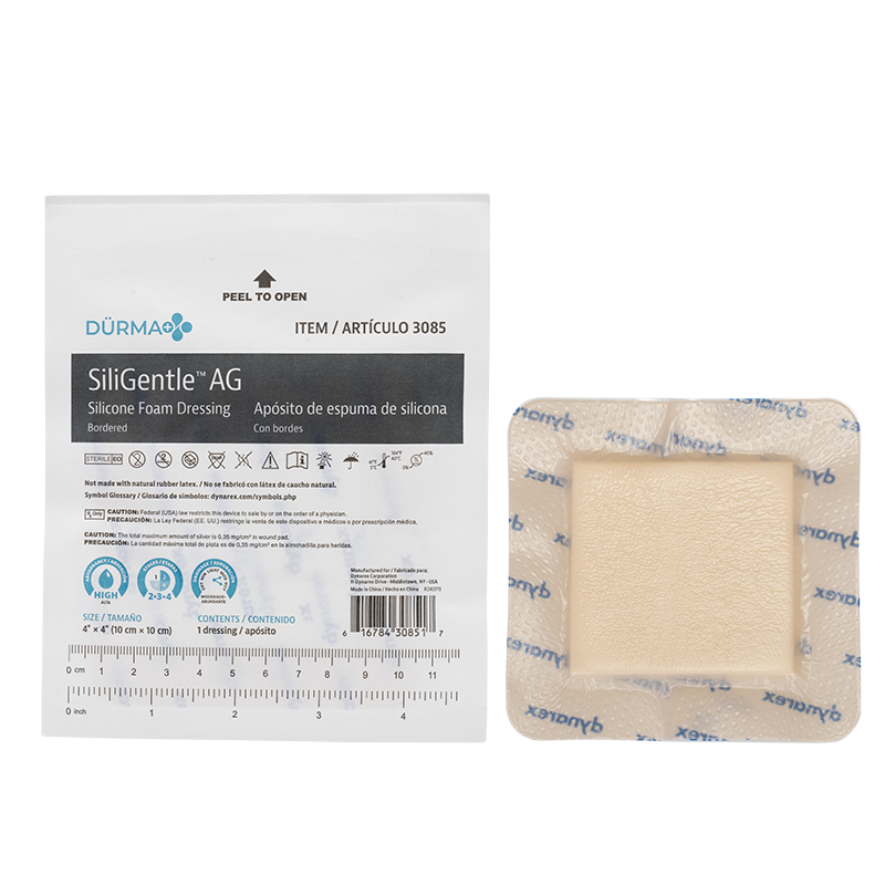 SiliGentleAG - Silver Silicone Bordered Foam Dressing 4" x 4"