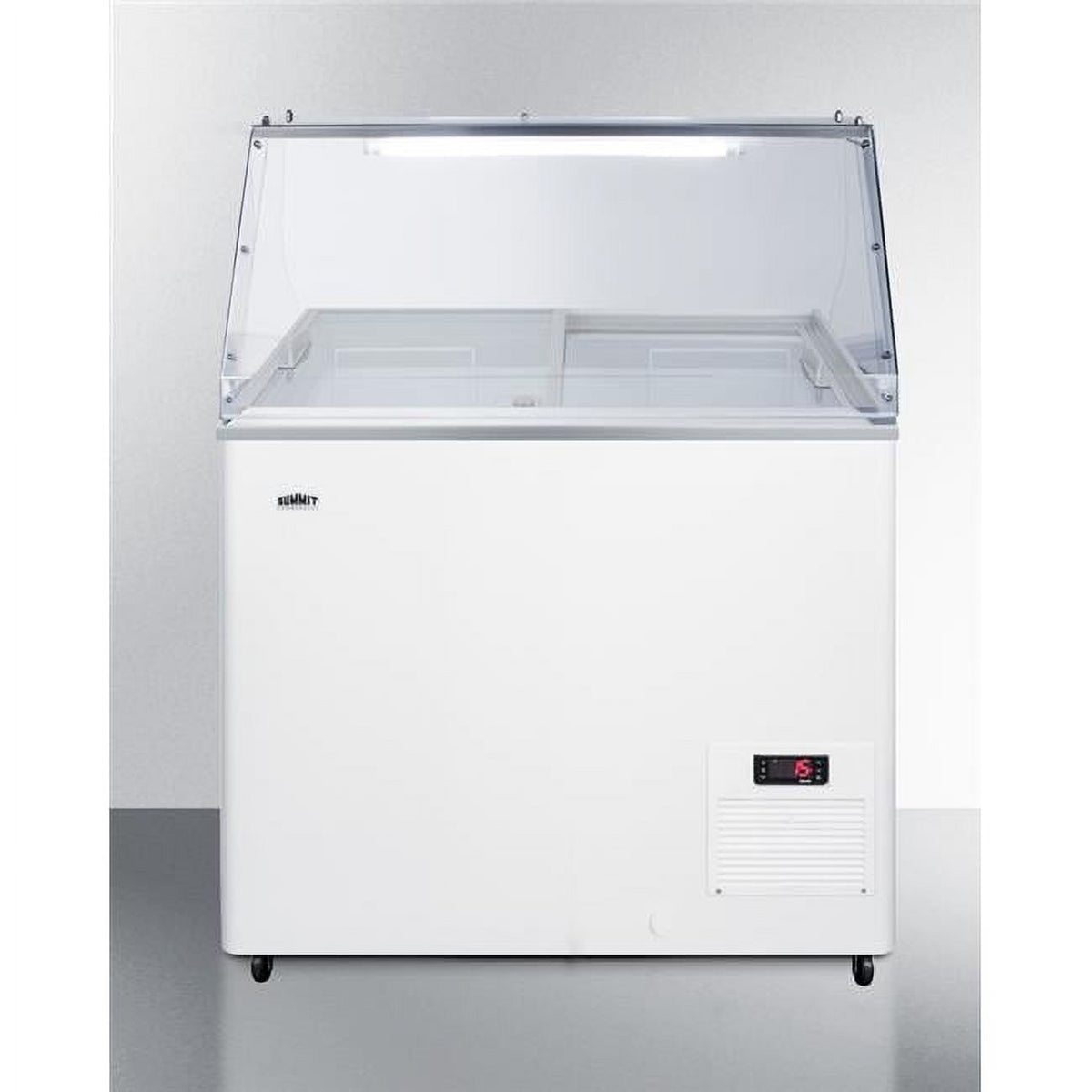 Accucold Commercial dipping cabinet with pre-installed sneeze guard, sliding glass lid, digital thermostat, and ice