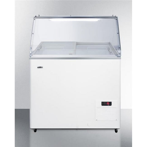Accucold Commercial dipping cabinet with pre-installed sneeze guard, sliding glass lid, digital thermostat, and ice